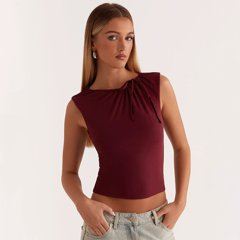 Zara Fall Winter Round Neck Pullover Solid Color Smocked Drawstring Tie Crop Top